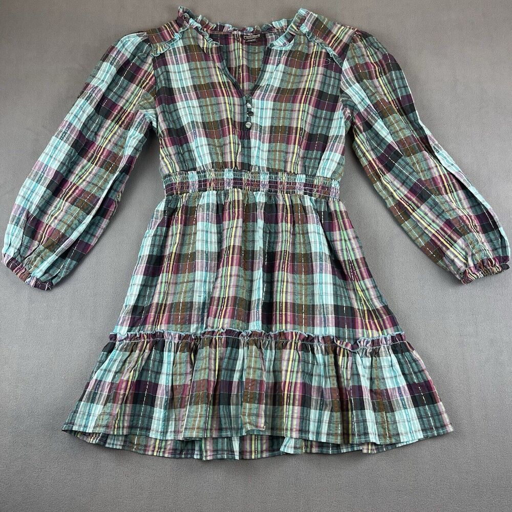 Angie Plaid Ruffle Hem Smocked Size Large Cottagecore Long Sleeve Dress Blue Red